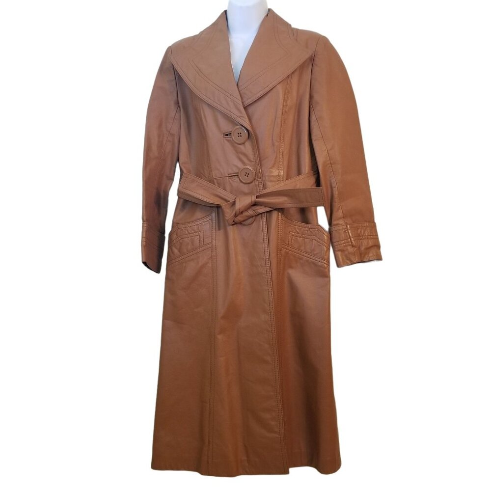 PBD Leather USA Camel Brown Trench Coat Belted S/M Buttersoft Prairie Boho Mod